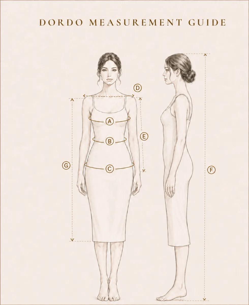 DORDO measurement guide sketch showing bust, waist, hips, shoulder width, arm length, height, and dress length