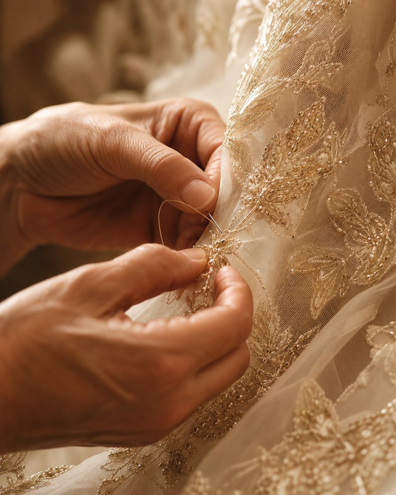 Artisan hand-finishing champagne beadwork on a couture gown