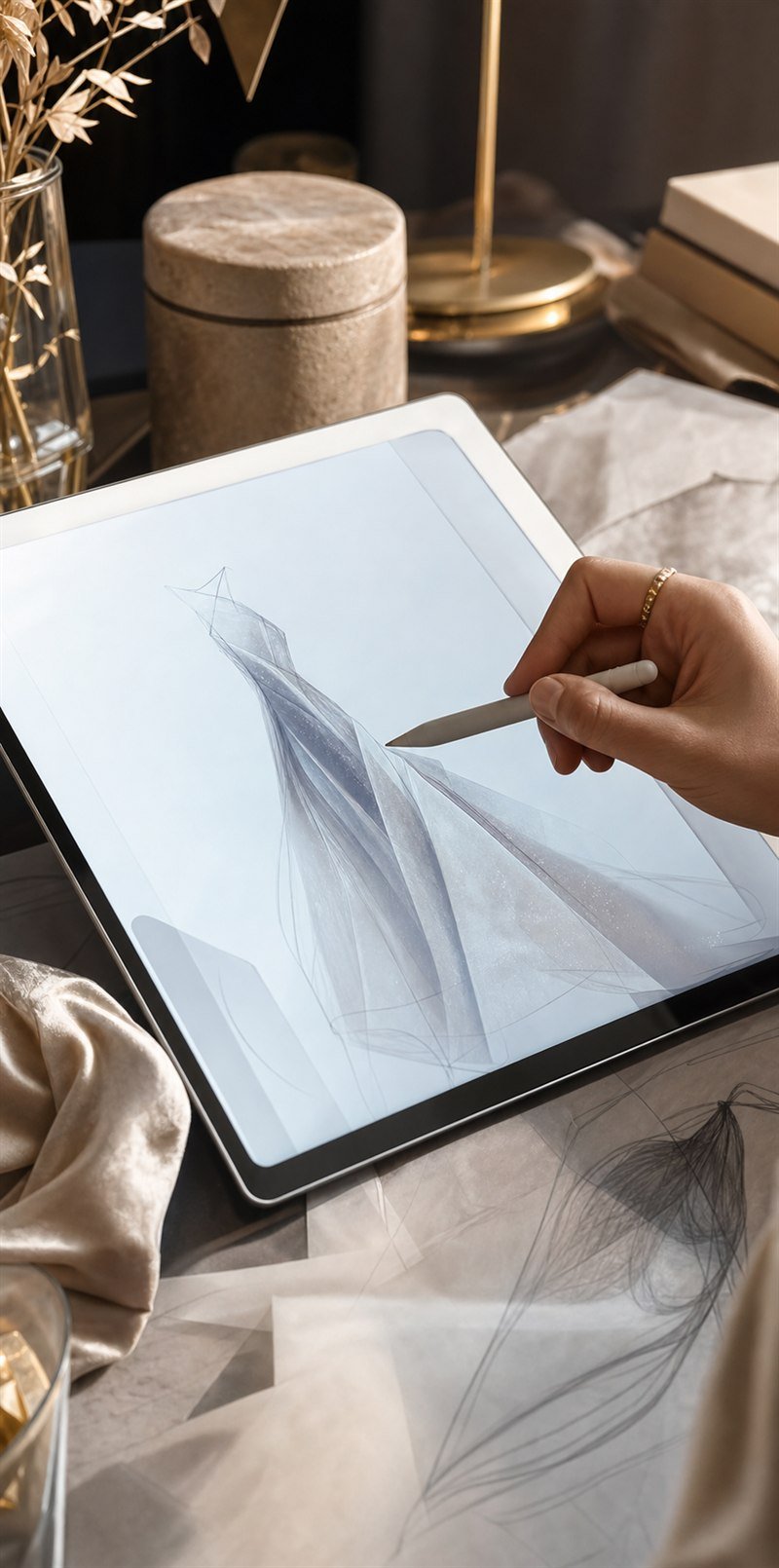 Digital couture concept being drawn on a design tablet