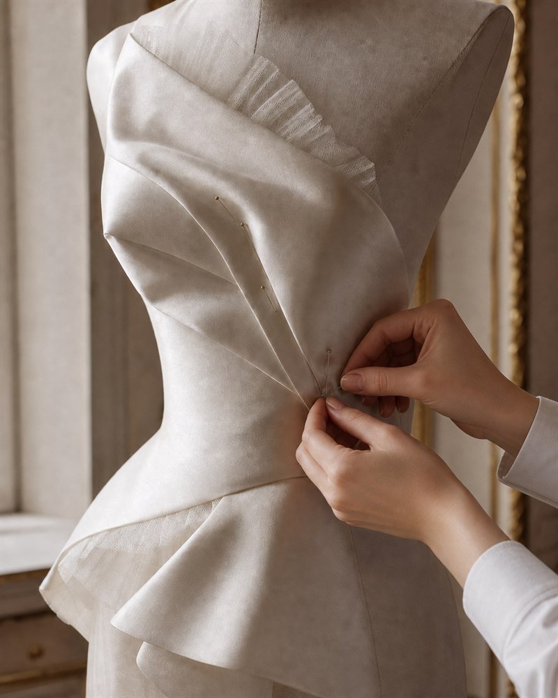 Master tailor refining an ivory bodice on a dress form