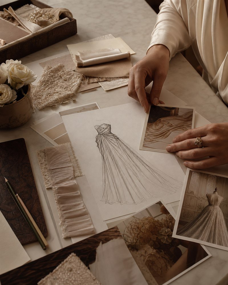 Couture mood board with sketches and fabric references