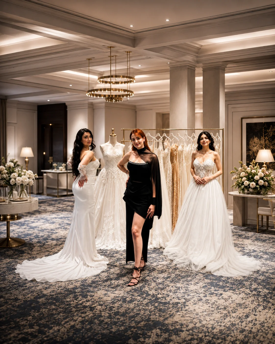 Dorna Farshneshani with two models and a collection of ivory dresses